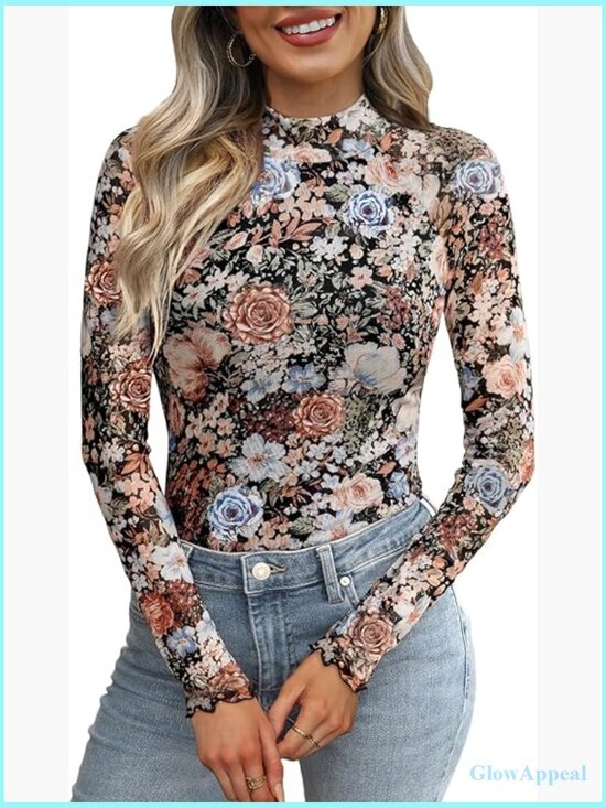 Tops - Long Sleeve Mesh Top Mock Neck Sheer Blouse See Through